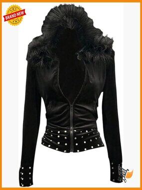 Faux Fur Zip Up Hoodie Studded Long Sleeve Fuzzy Jacket Punk